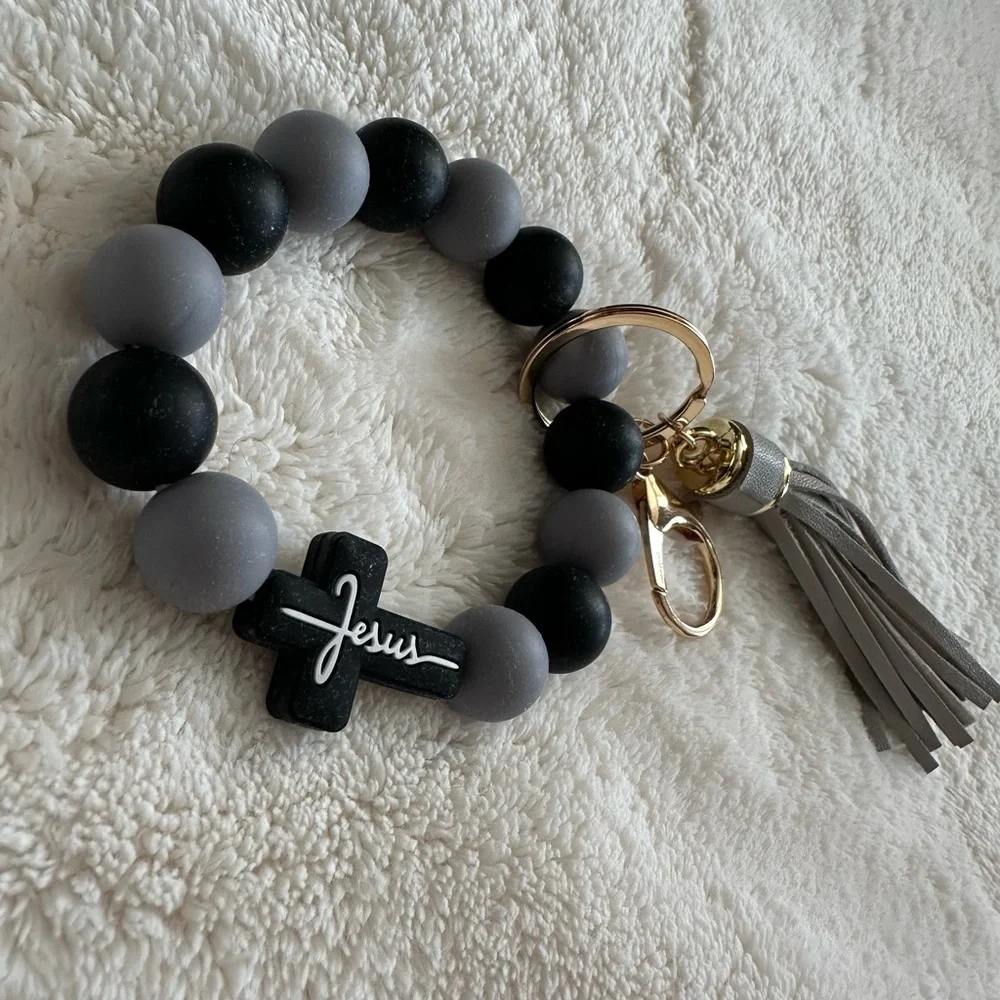 Wristlet Keychain Jesus Cross Tassel Black & Gray Beaded Keychain Bracelet NWT